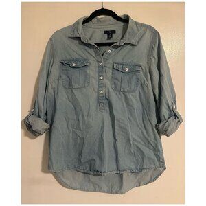Gap Factory Roll Tab Long 3/4 Sleeve Pockets Chambray Denim Tunic Top